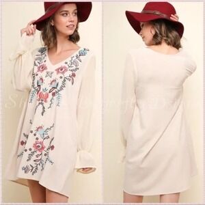 Umgee Embroidered Floral Tunic Dress Bohemian Long Sleeve Beige‎ Size S